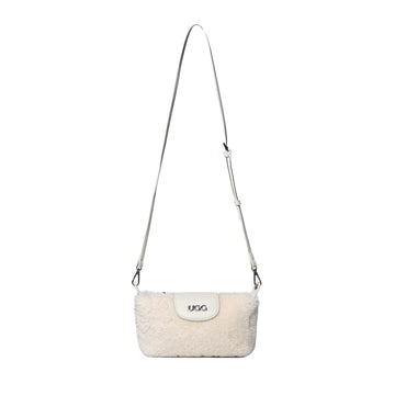 Beige UGG Sam fluffy sheepskin crossbody bag with adjustable shoulder strap